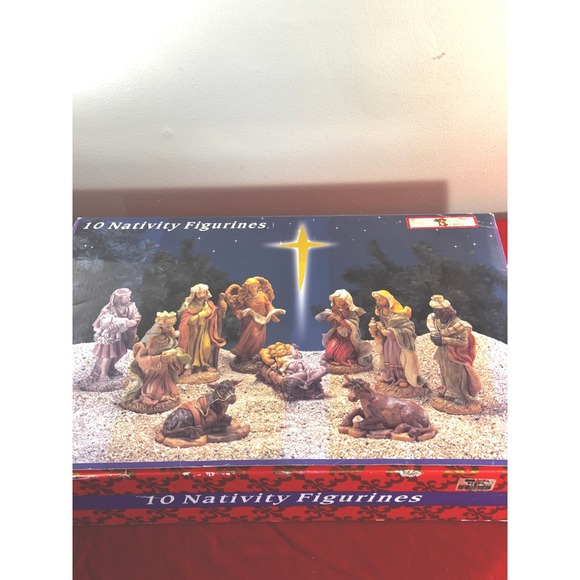 Other - Vintage 10 Piece Nativity Figurine Set with Rustic Wood Manger Creche Bundle